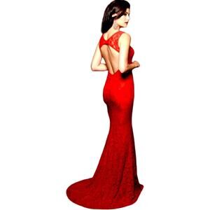 NWOT Nina Canacci Red Stretch Lace Long Formal Gown w/ Train Size 6